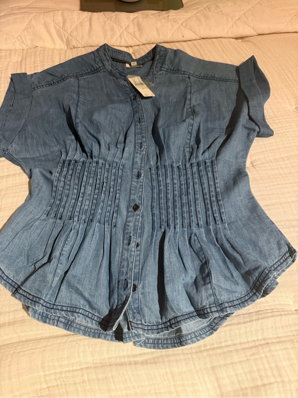 NWT Anthropologie Pilcro Linden Blue Denim Button-Front Pintuck Waist Blouse